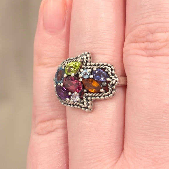 Vintage Silver Hamsa Gemstone Ring, Milgrain Sterling, Rainbow Gem, Size 6.25 - Picture 10 of 17